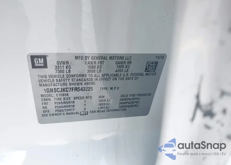 2015 Chevrolet Suburban 1500 Lt из США, поврежденный, VIN 1GNSCJKC7FR543225